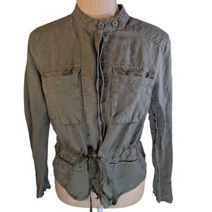 WHO WHAT WEAR Olive Green Linen Blend Utility Jacket Button & Drawstring Waist S